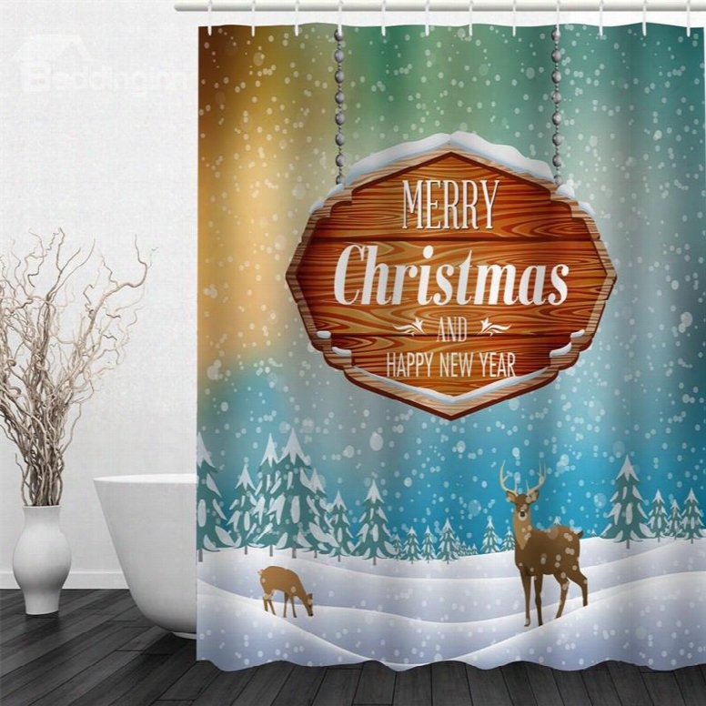 3d Christmas Deer Snow Polyester Waterproof Antibacter Ial And Eco-friendly Shower Curtain