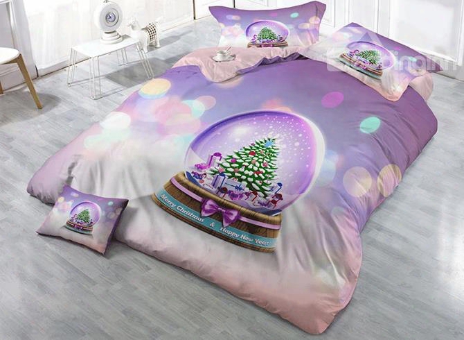 3d Christmas Tree Crystal Snow Ball Cotton 4-piece Purple Bedding Sets/duvet Cover