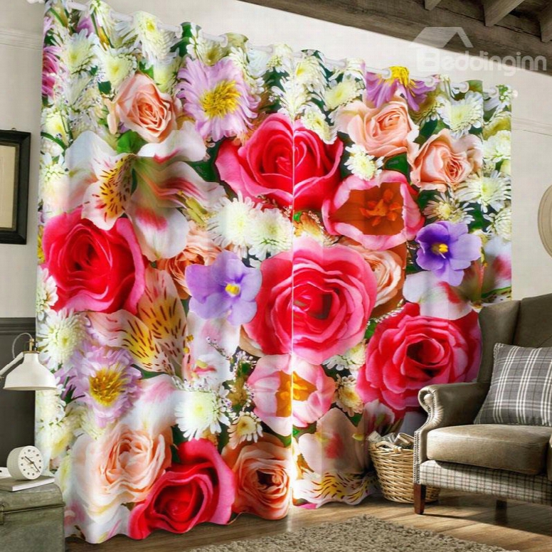 3d Colorful Roses Printed Romantic Style 2 Panels Grommet Top For Living Room