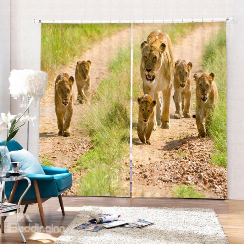 3d Cute Lion Babies With Their Mom Printed 2 Panels Living Roomm Curtain