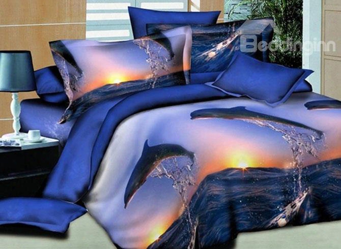 3d Dolphin Jumping Into The Sea Printed Cotton 4-piece Bedding Sets/duvet Covers