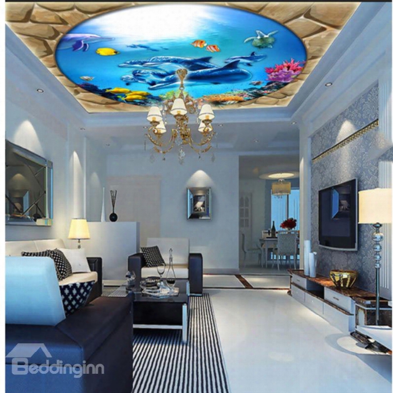 3d Dolphins Fishes Blue Ocean Pvc Waterproof Sturdy Eco-friendly Self-adhesive Ceiling Murals