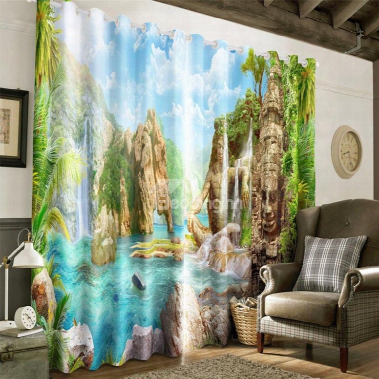 3d Elephant Mountains With Blue Water Printed Dust-proof And Decorative Grommet Top Curtain