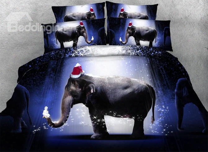 3d Elephant Wit Hchristmas Hat Printed 5-piece Comforter Sets