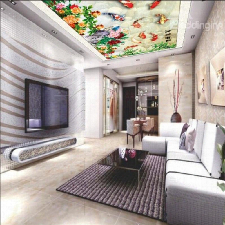 3d Fishes Flowers Bamboos Printed Pvc Waterproof Sturdy Eco-friendly Self-adhesive Ceiling Murals