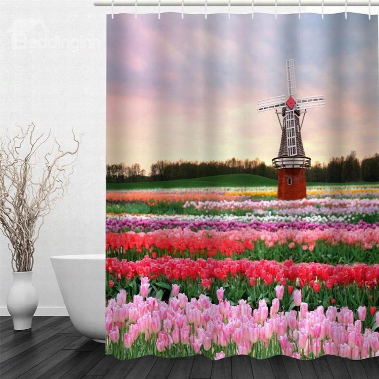 3d Flowers Field Printed Polyester Waterproof Antibacterial And Eco-friendly Shower Curtain