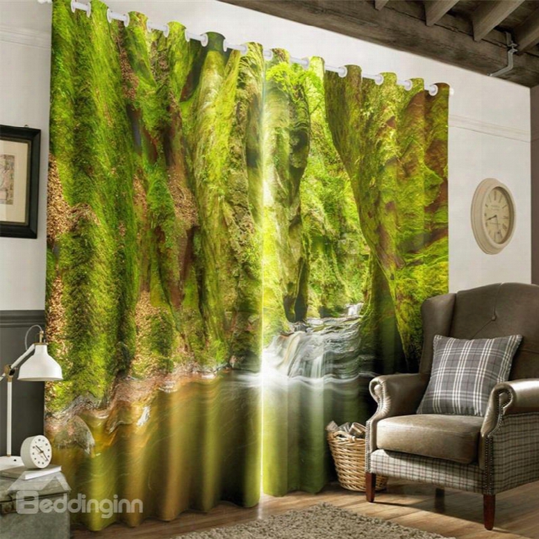 3d Flowing Waterfalls And Verdant Leaves Printed Living Room And Bedroom Drapes