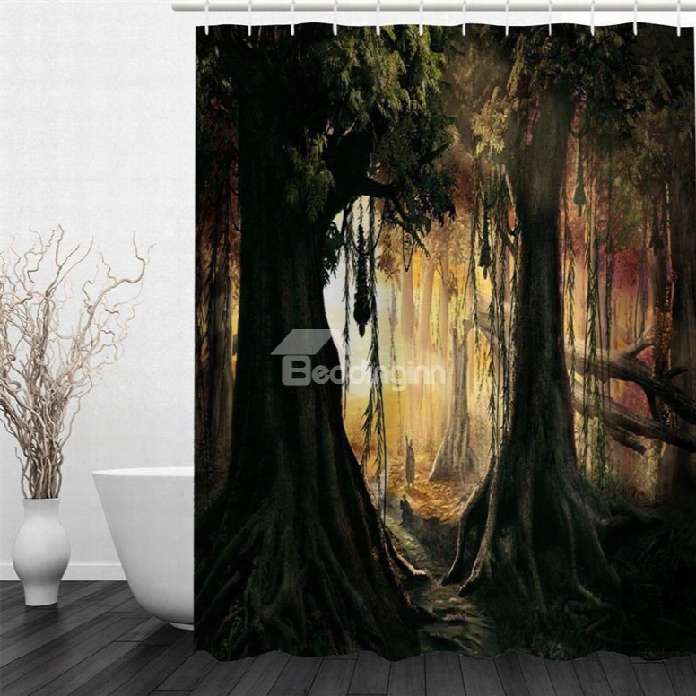 3d Forest Sunshine Printed Polyester Waterproof Antibactterial And Eco-friendly Shower Curtain