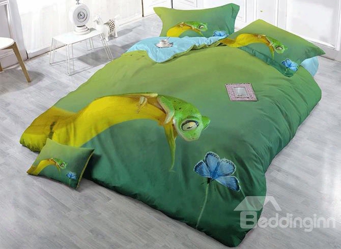 3d Frog And Butterfly Printed Cotton 4-piece Green Bedding Sets/duvet Cover