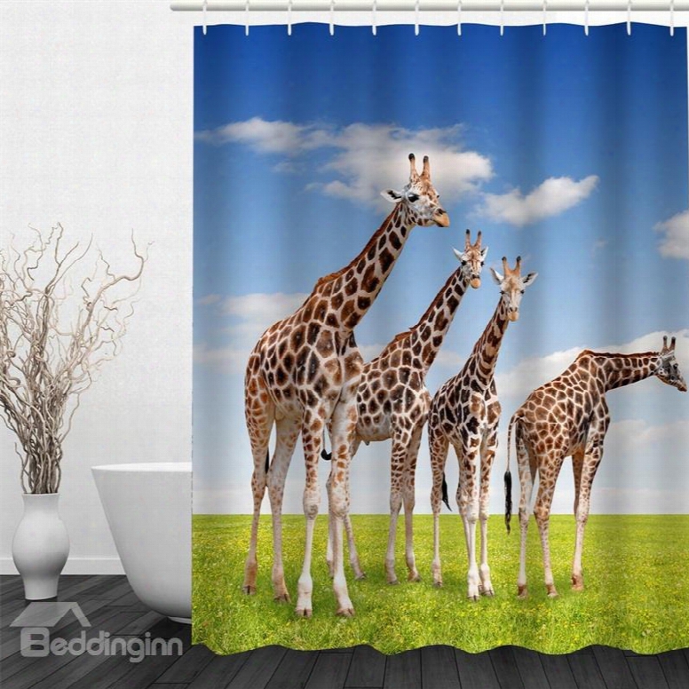 3d Giraffes On Green Lawn Polyester Waterproof Antibacterial And Eco-friendly Shower Curtain
