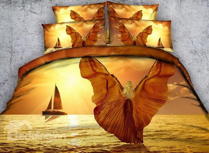 3d Girl With Wings Printed Cotton 5-piece Comforter Sets