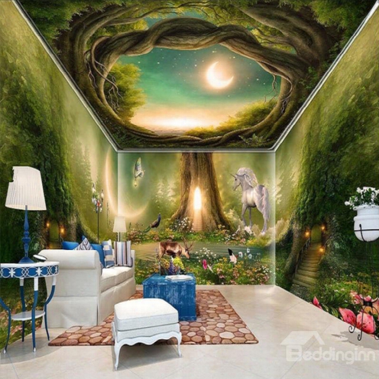 3d Green Forest Horse Pvc Waterproof Eco-friendly Self-adhesvie Ceiling And Wall Murals