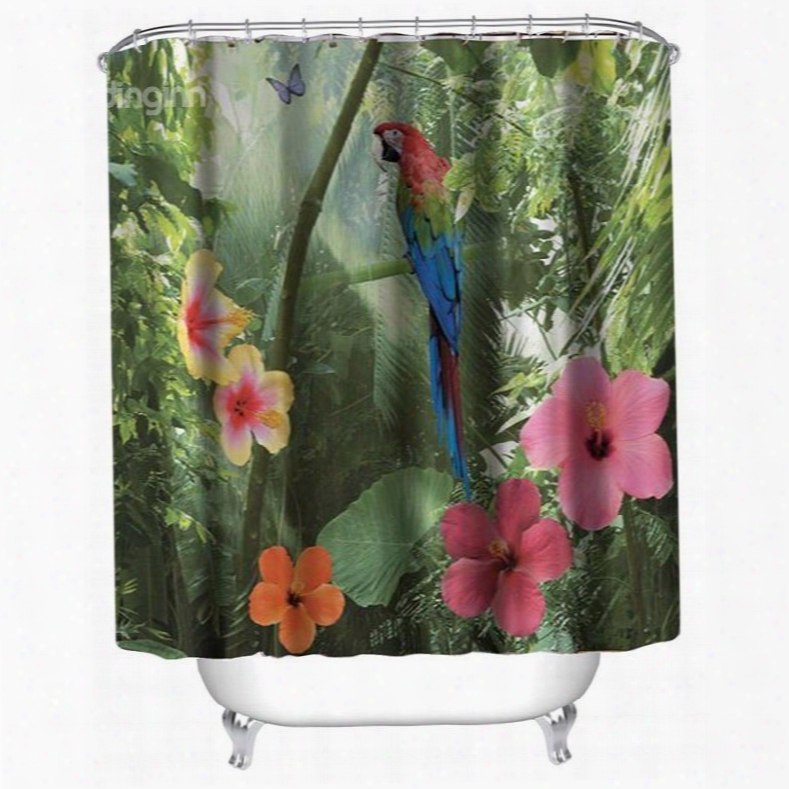 3d Green Forest Parrot And Flowers Polyester Waterproof Antibacterial And Eco-friendly Shower Curtain