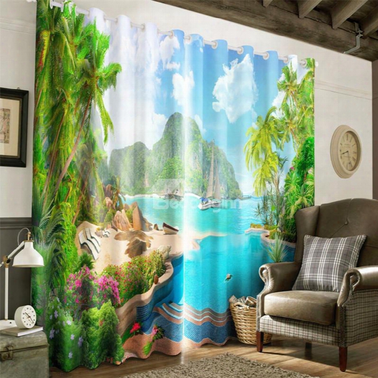 3d Green Mountains And Flowers Printed Beautiful Natural Scene Blackout Grommet Top Curtain