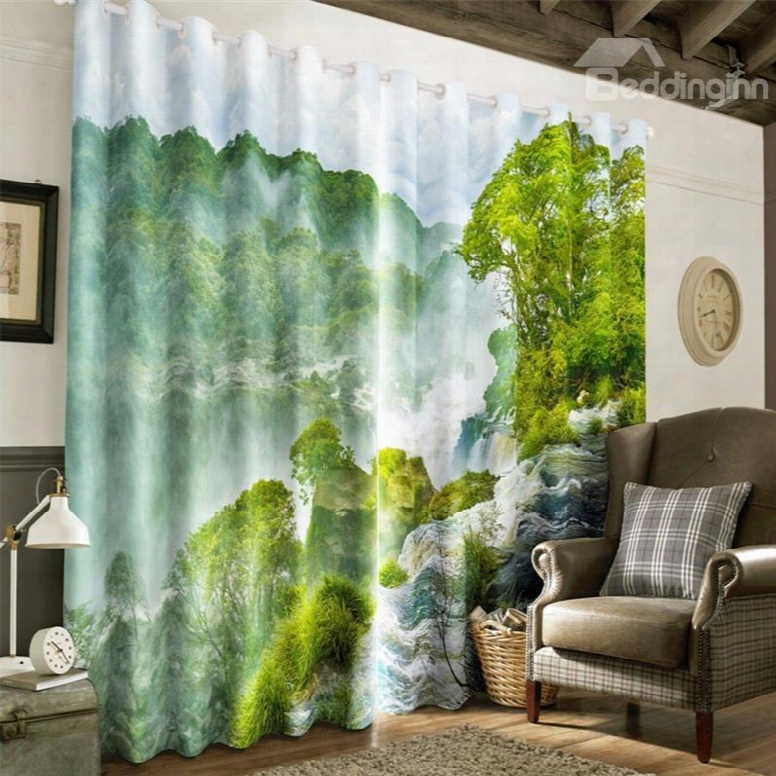 3d Green Mountains And Lush Forest Printed 2 Panels Decorative And Heat Insulation Window