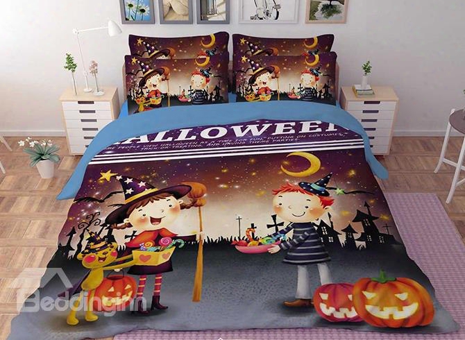 3d Halloween Pumpkin And Kids Printed Polyester 4-piecebedding Sets/duvet Covers