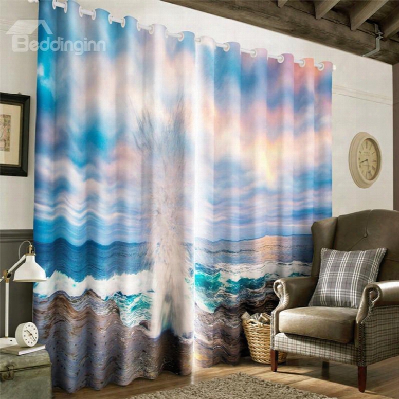 3d Huge Waves And Blue Sky Printed Natural Scenery 2 Panels Grommet Top Curtain