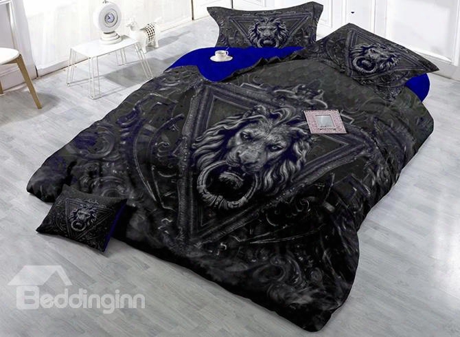 3d Lion Head Printed Cotton 4--piece Black Bedding Sets/duvet Cover