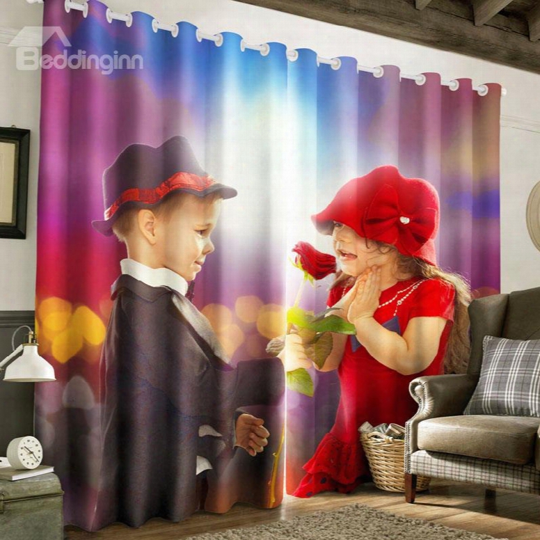 3d Lovely Boy And Girl Printed 2 Panels Decorative And Blackout Custom Curtain