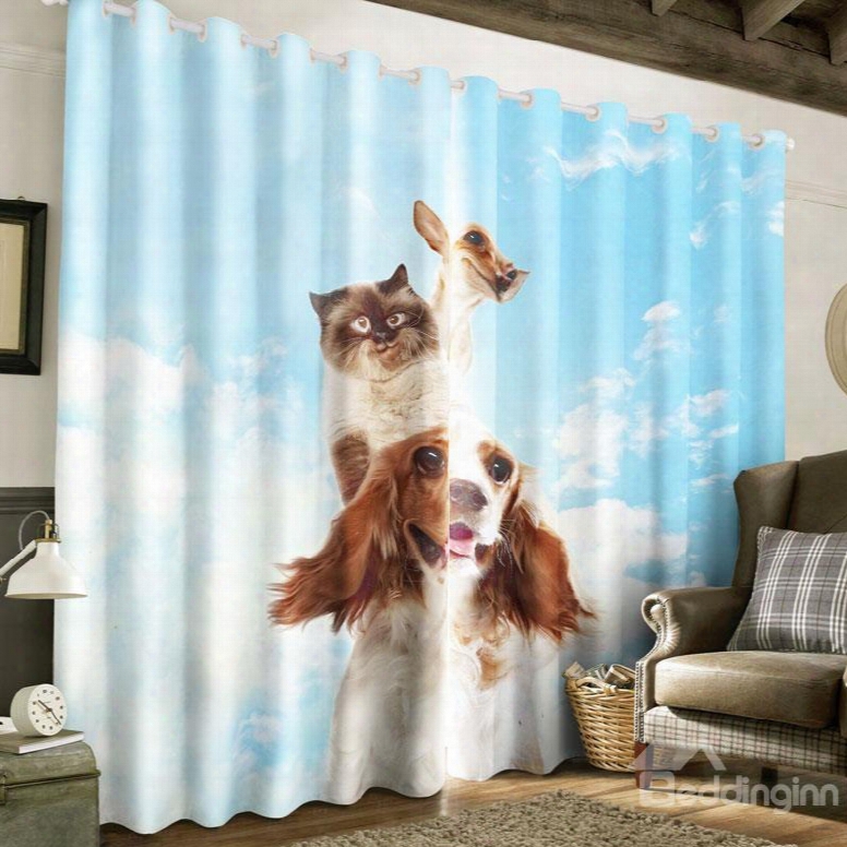 3d Lovely Dog Cat And Deer Printed Polyester 2 Panels Custom Living Room Curtain