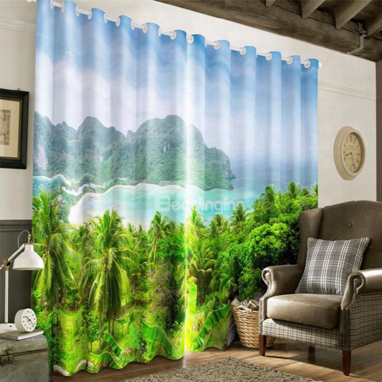 3d Lush Palm Trees And Green Mountains Printed Natural Scenery Blackout Curtain