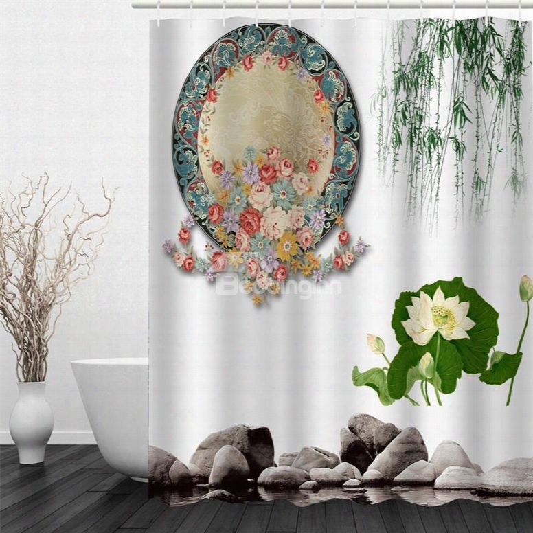 3d Mirror Flowers And Leaves Polyester Waterproof And Eco-friend Ly White Shower Curtain