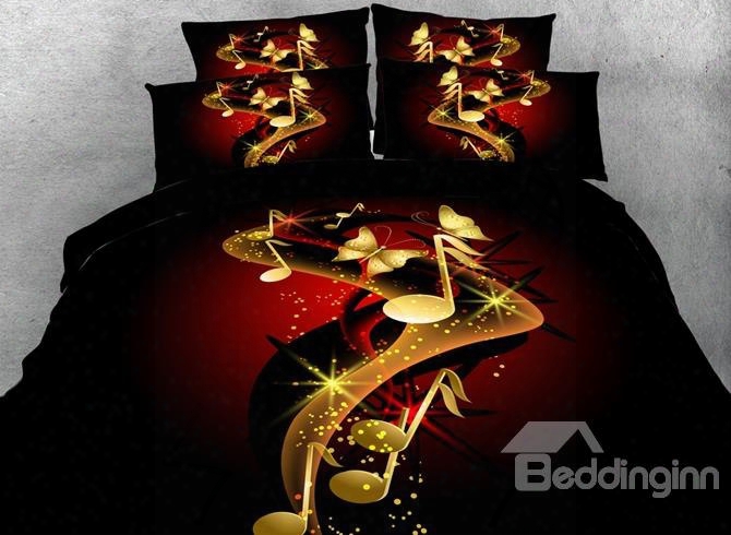3d Music Notes And Butterfly Printed Cotton 4-piece Black Bedding Sets/duvet Covers