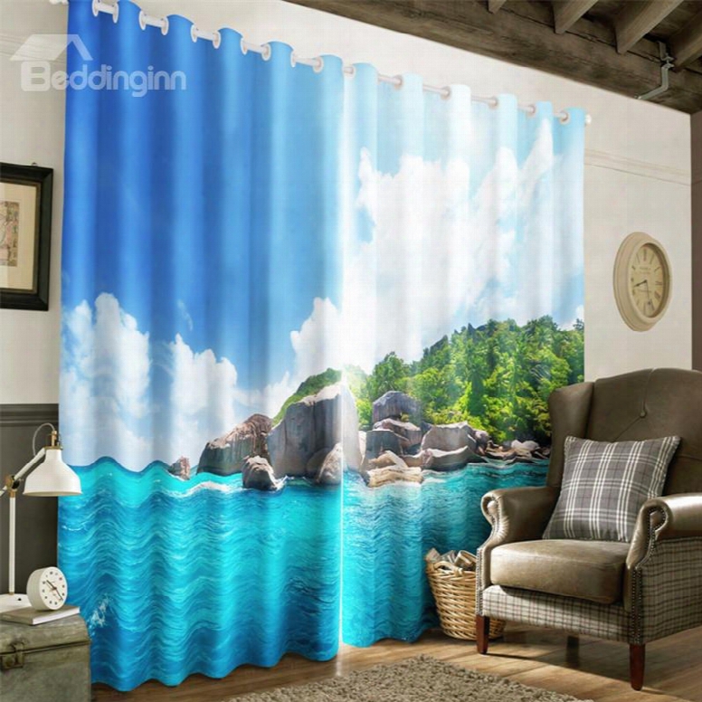 3d Navy Blue Seas And Green Trees Printed Beautiful Natural Beauty 2 Panels Decorative And Blackout