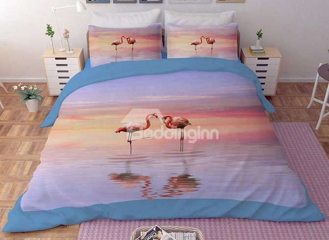 3d Pink Flamingos By The Sea Printed Polyester 4-piece Bedding Sets/duvet Covers