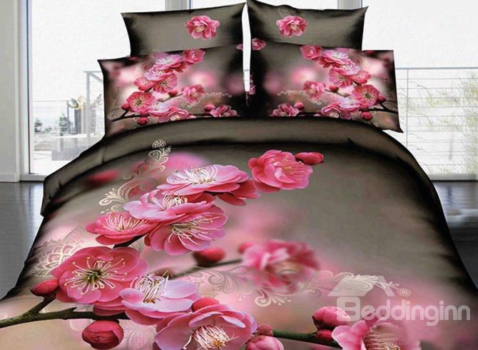 3d Pink Peach B Lossom Printed Elegant Cotton 4-piece Bedding Sets/duvet Cover