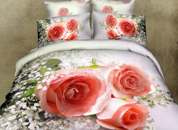 3d Pink Rose And Babysbreath Printed Cotton 4-piece Brdding Sets/duvet Covers