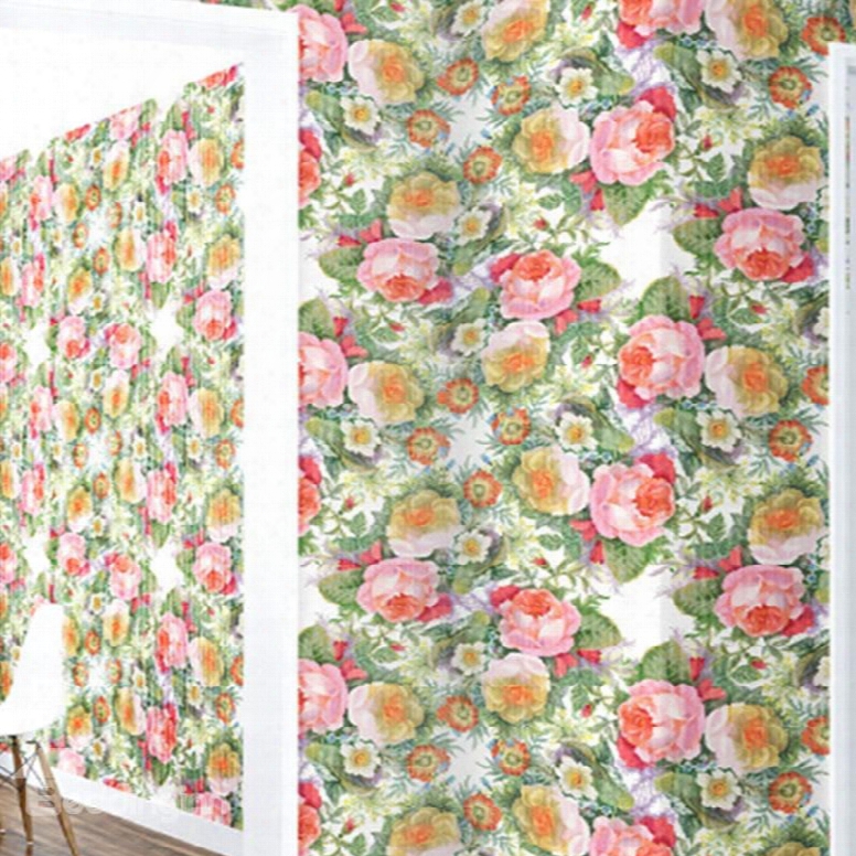 3d Pink Yellow Flowers Green Leaves Pvc Sturdy Waterproof And Eco-friendly Wall Mural