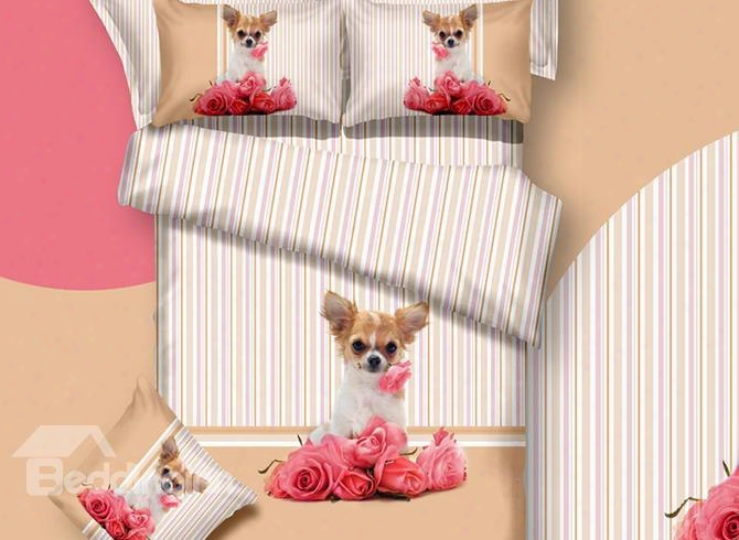 3d Puppy Dog And Pink Roses Printed Cotton 4-piece Bedding Sets/duvet Covers