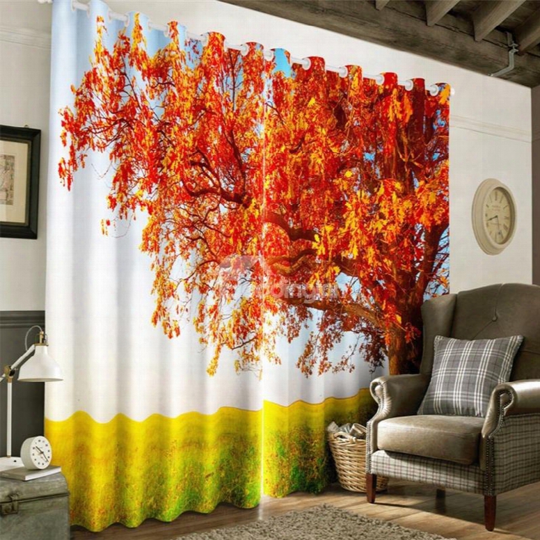 3d Red Leaves And Verdant Grass Printed 2 Panels Decorative And Heat Insulation Curtain