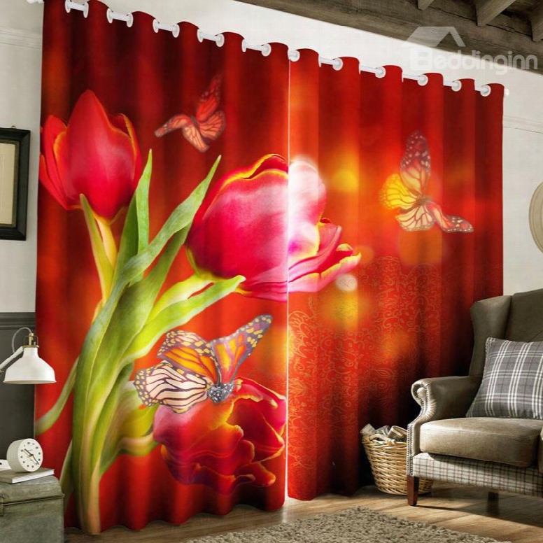 3d Red Peonies And Butterflies Printed 2 Panels Living Room Curtain