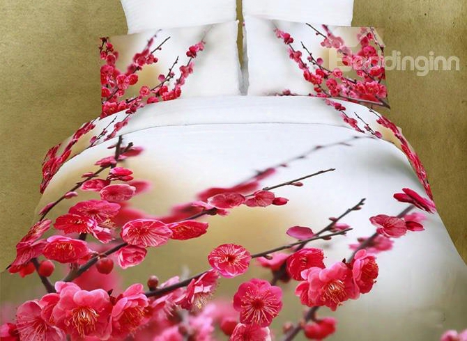 3d Red Plum Blossom Printed Cotton 4-piece Bedding Sets/duvet Covers