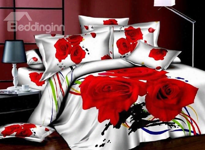 3d Red Rose And Colorful Stripes Printed Coton 4-piece White Bedding Sets