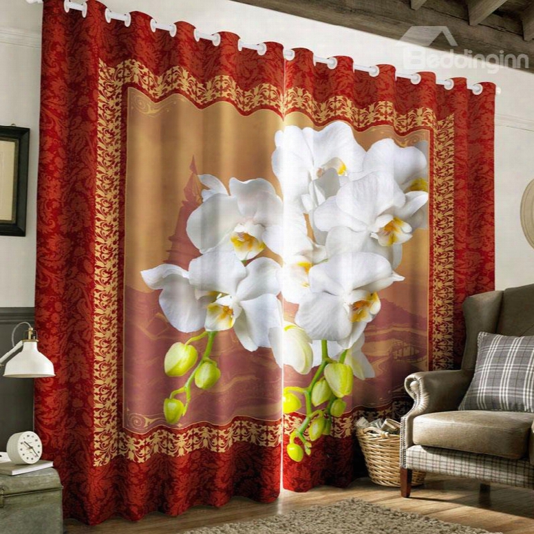 3d Retro Polyester With White Flowers Prrinted 2 Panel5 Custom Curtain