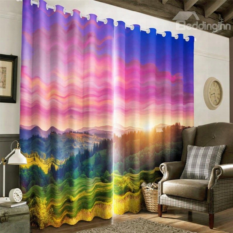 3d Rising Sunlight And Green Grassland Printed 2 Panels Living Room Curtain