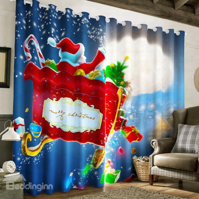 3d Santa Claus And Gift Box Merry Christmas Printed 2 Panels Living Room Curtain