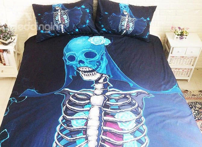 3d Skull Printed Polyester 3-piece Black Bedding Sets/duvet Covers