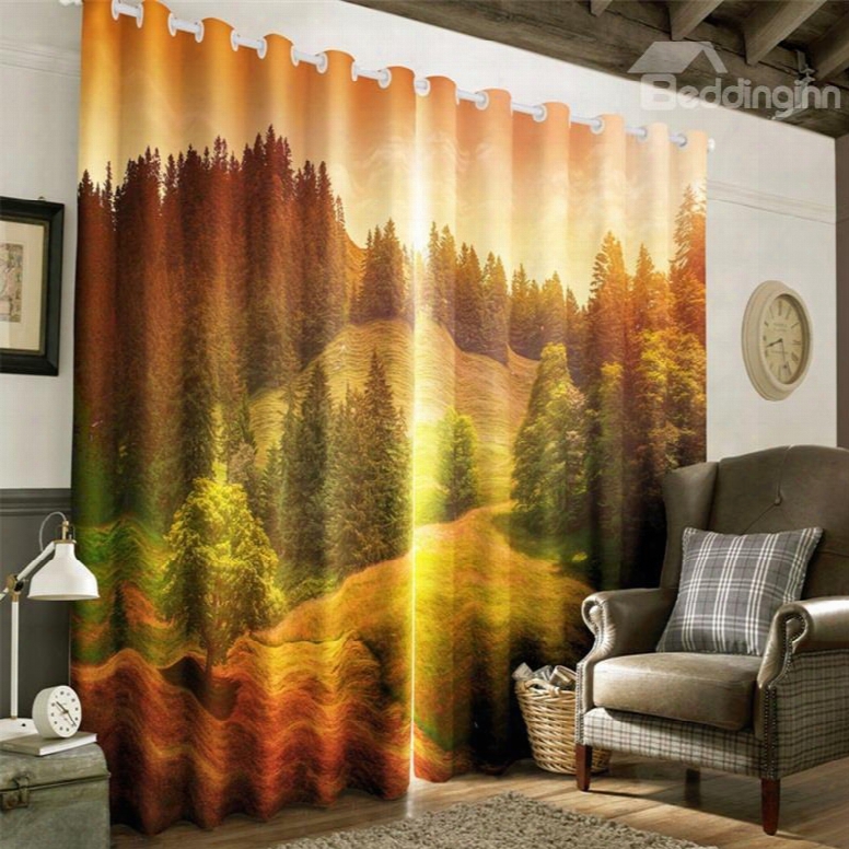 3d Soft Sunlight And Fresh Green Hillside Printed Natural Beauty Two Panels Grommet Top Curtain