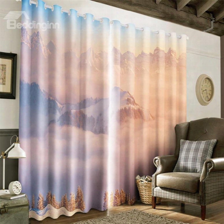 3d T Op Of Mountains Covered With White Snow Printed Majestic Scenery Grommet Top Curtain