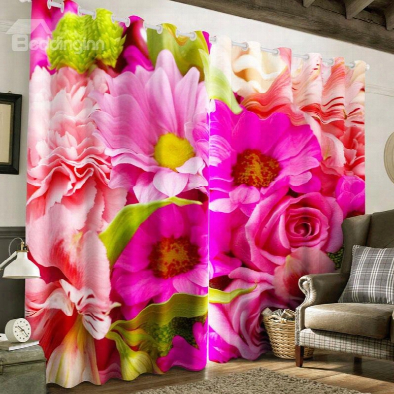 3d Vivid Pink Flowers Printed 2 Panels Grommet Top Curtain For Living Room