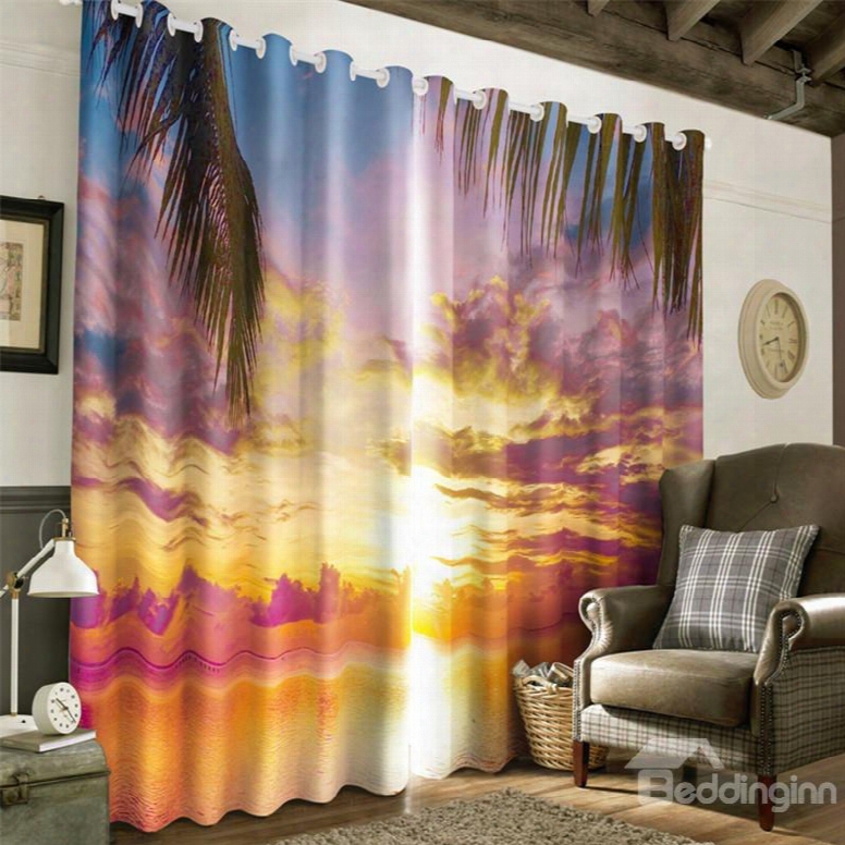 3d Warm Sunset And Palm Leaves Printed 2 Panels Decorative And Creative Curtain