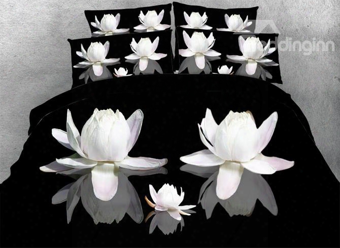 3d White Lotus Printed Cotton 4-piece Black Bedding Sets/duvet Cover