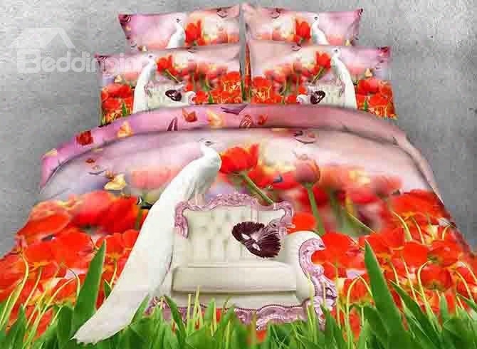 3 White Peacock And Red Tulips Printed Cotton 4-piece Bedding Sets/duvet Covers