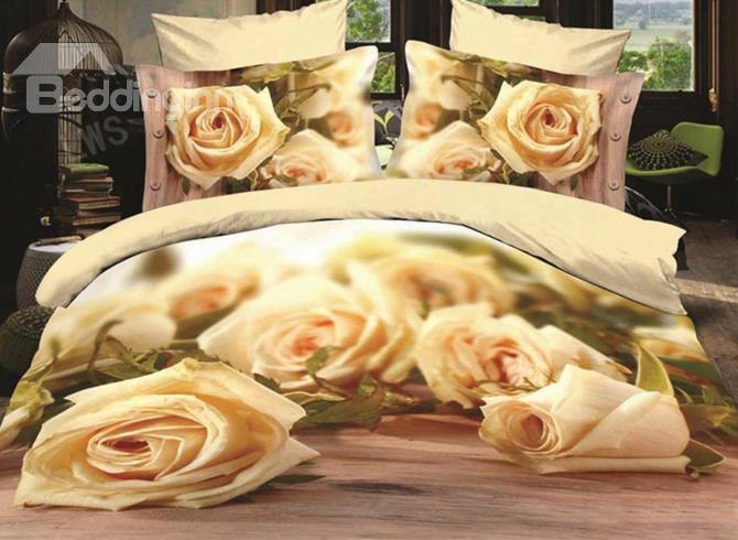 3d White Rose Printed Cotton 4-piece Bedding Sets/duvet Covers