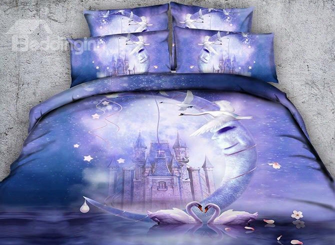 3d White Swans And Castle Printed Cotton 4-piece Bedding Sets/duvet Covers