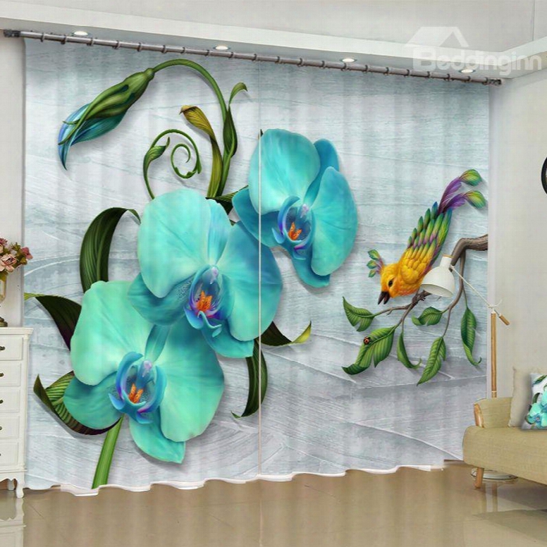 3d Wonderful Phalaenopsis And Lovely Bird Printed Custom Polyester Grommet Top Curtain